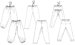 Flat line drawings of three views of 119 Sarouelles Pants.  