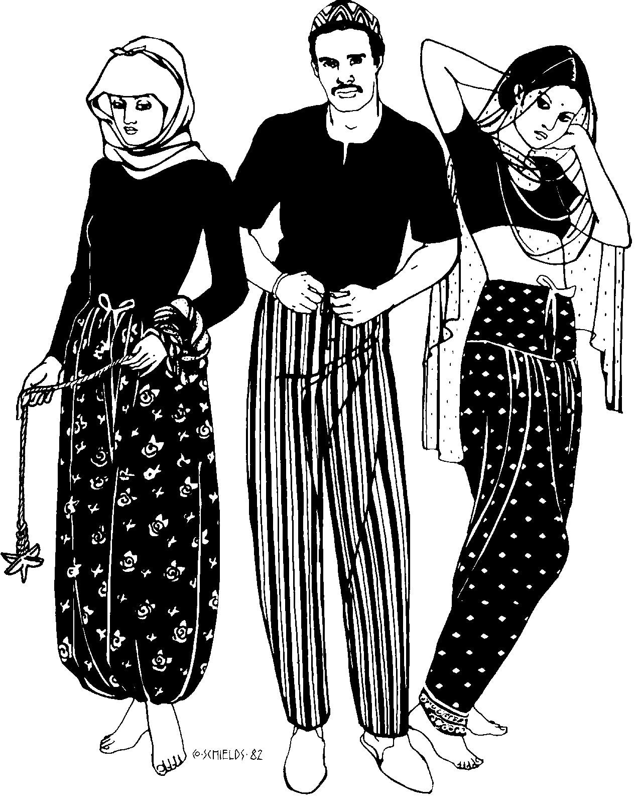 Pen and ink drawing of three views of 119 sarouelle Pants by artist Gretchen Shields.  Woman on left is wearing view A Turkish pants. Man in middle is wearing View B African Pants. Woman on the right is wearing view C Indian Pants.