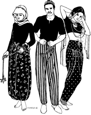 Pen and ink drawing of three views of 119 sarouelle Pants by artist Gretchen Shields.  Woman on left is wearing view A Turkish pants. Man in middle is wearing View B African Pants. Woman on the right is wearing view C Indian Pants.