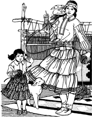 Pen and ink drawing by artist Gretchen Shields.  Woman is wearing 120 Navajo Blouse and skirt. Woman holds yarn and hand spiner in hands and stands in front of a loom.  Young girl holds a ball of yarn in hand.  A lamb is standing between the two.