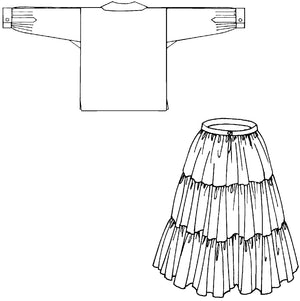 Flat line drawings of back view of 120 Navajo blouse and skirt