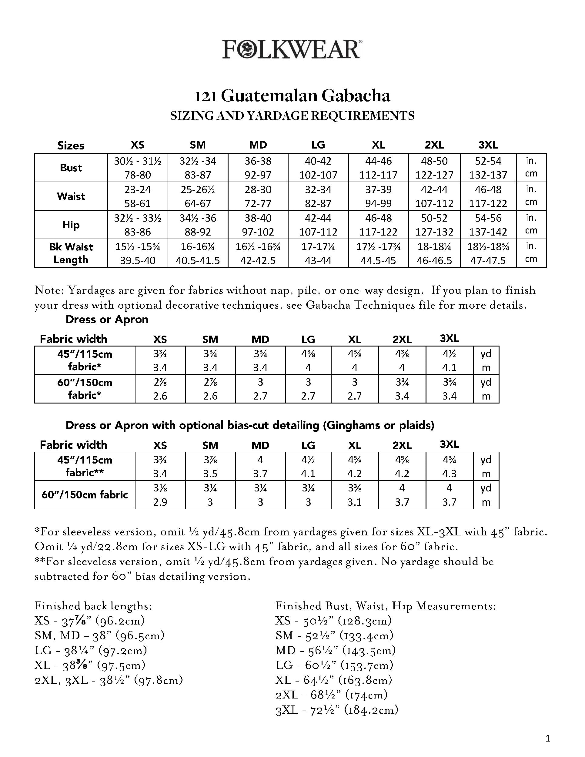 image of sizing and yardage chart for 121 Guatemalan Gabacha.