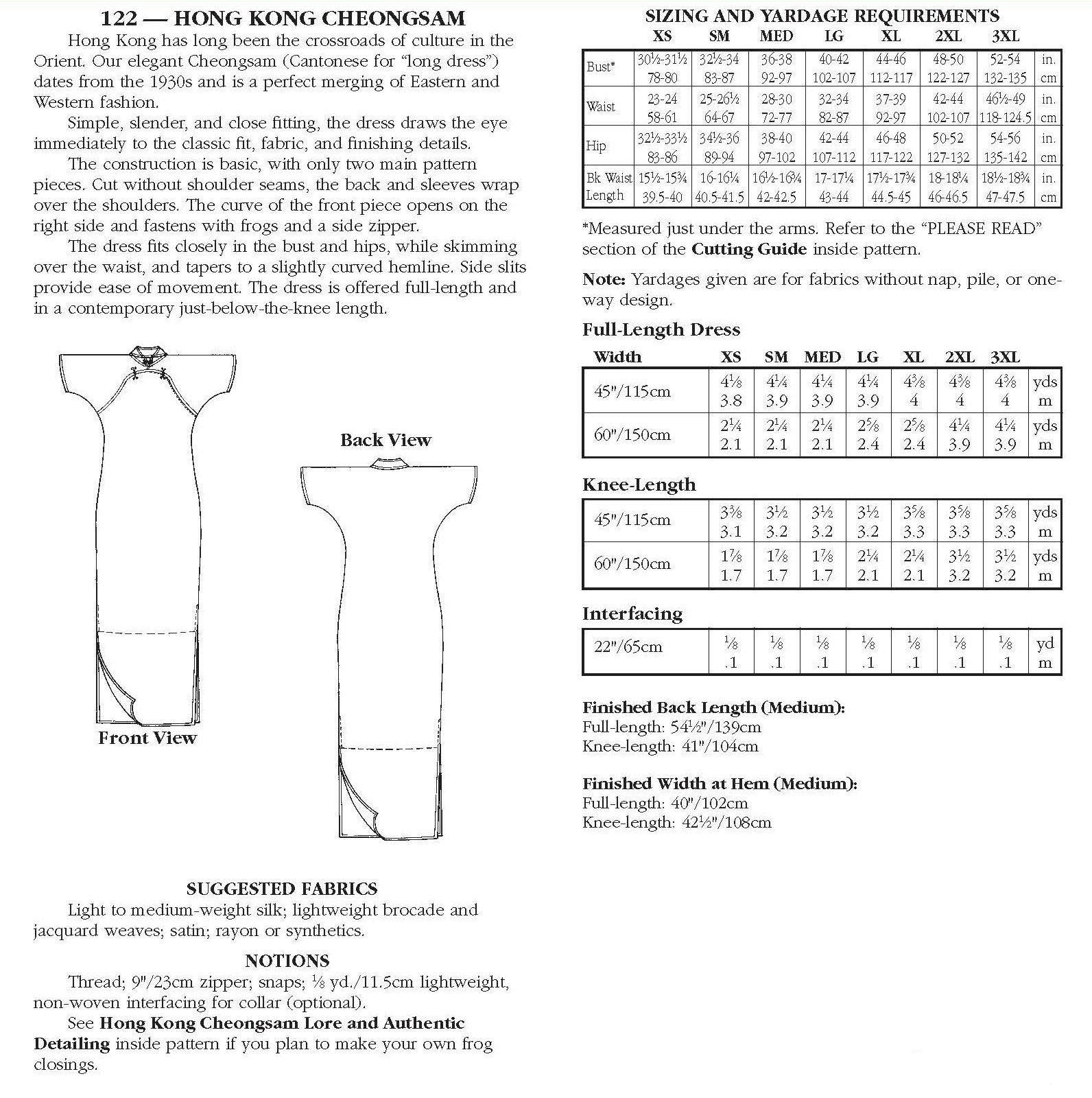 Photo of back cover of 122. Shows all views, descriptions, size and yardage chart, and fabric suggestions.