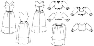 Flat line drawing of all views (back and front). From left to right: Dress A, Dress B, Blouse A, Apron, and Blouse B. 