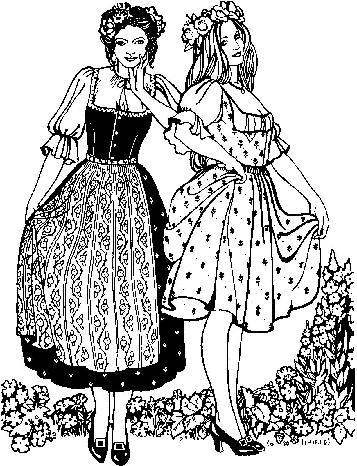 Pen and Ink drawing by artist Gretchen Shields.  Two women wearing 123 Austrian Dirndl. Woman on left is wearing view A with an apron.  Woman on right is wearing view B holding the skirt of the dress in her hands.  Both wear flower crowns.