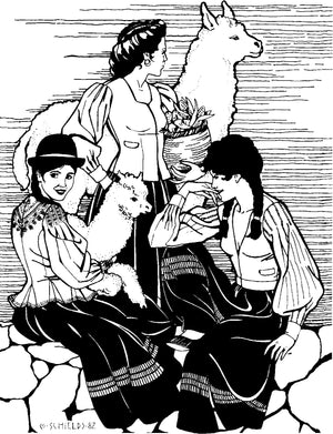 Black and white pen and ink drawing by Gretchen Shields.  Three women wearing traditional jackets.  Woman in center is standing holding a basket in front of an alpaca. Two women are sitting on rocks in front of her.  Woman on left is holding a young alpaca.