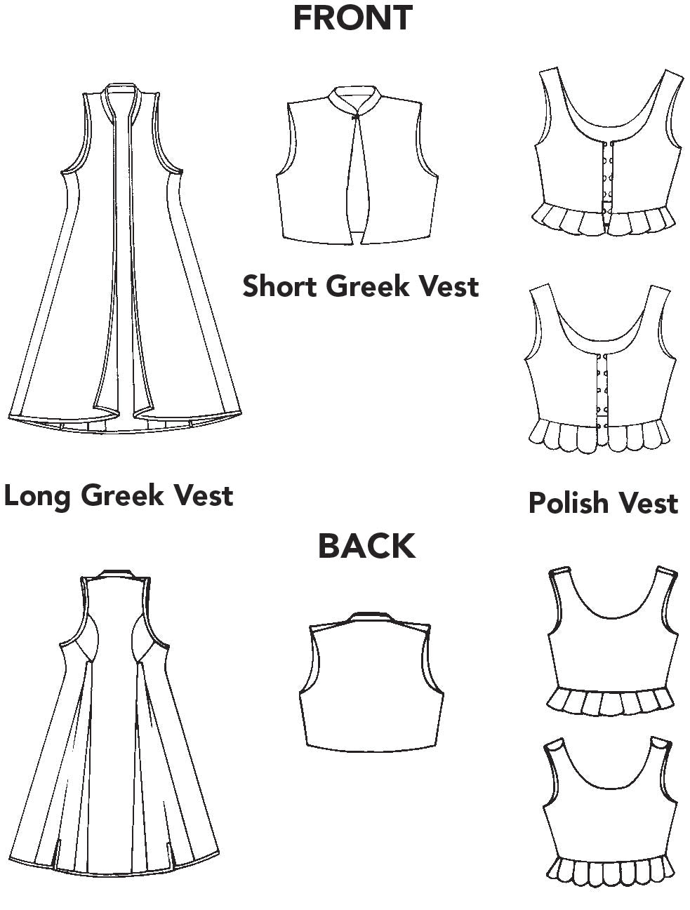 line drawings of front and back of Greek vests and Polish vest