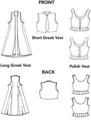 line drawings of front and back of Greek vests and Polish vest