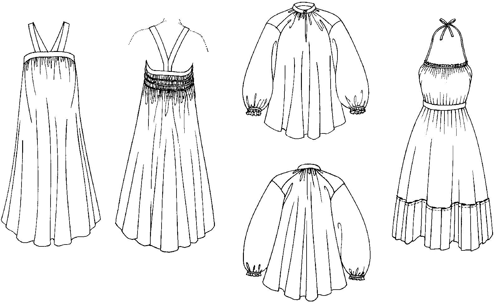 Flat line drawing of all views of Russian Settler's Dress, blouse, and apron.