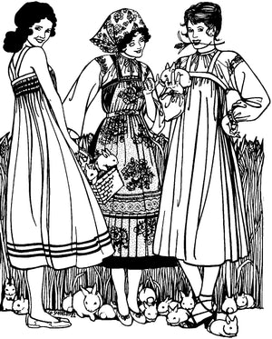 Pen and ink drawing by artist Gretchen Shields. Three women wearing jumpers. Woman on left is wearing jumper alone. Woman in center wears blouse, jumper, and apron.  Woman on right is wearing blouse under jumper.