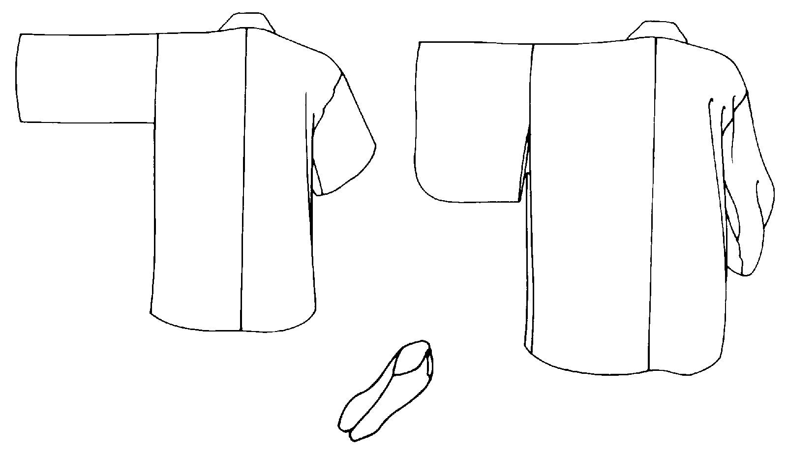 Flat line drawings of backs of Hapi and Haori and Tabi. 