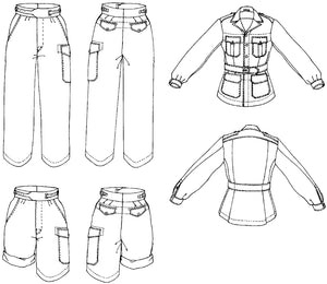 Flat line drawings of front and backs of jacket, trousers, and shorts