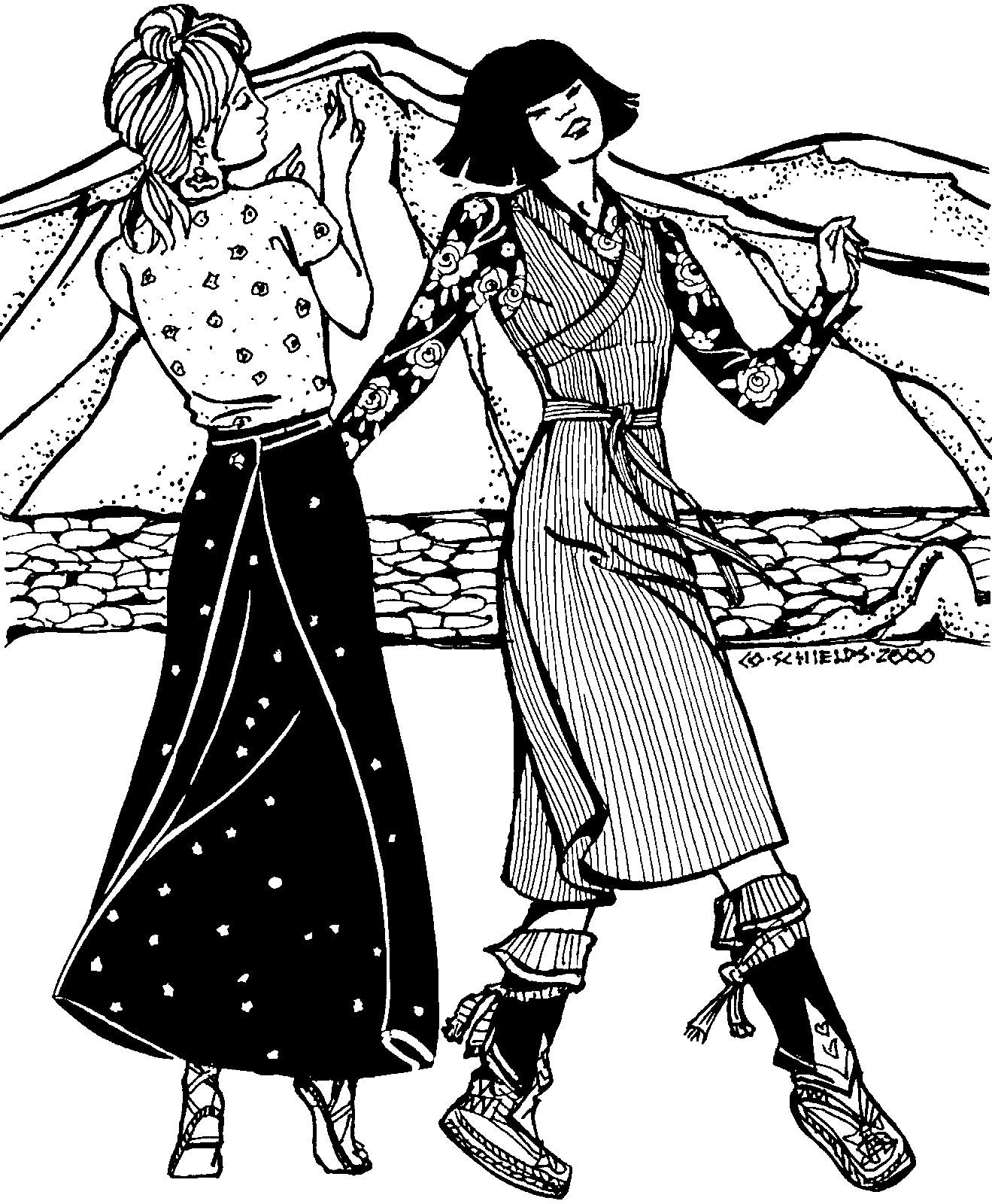 Black and white pen and ink drawing by artist Gretchen Shields.  Two women dancing side by side with mountains in background. Woman on left is turned and shows the back wrap of the chupa inspired skirt. Woman on the right wears the chupa jumper and is facing forward.
