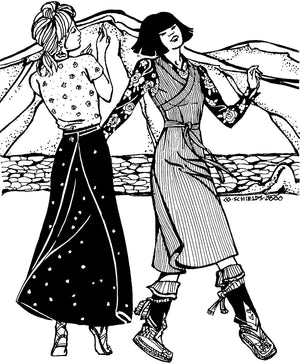 Black and white pen and ink drawing by artist Gretchen Shields.  Two women dancing side by side with mountains in background. Woman on left is turned and shows the back wrap of the chupa inspired skirt. Woman on the right wears the chupa jumper and is facing forward.