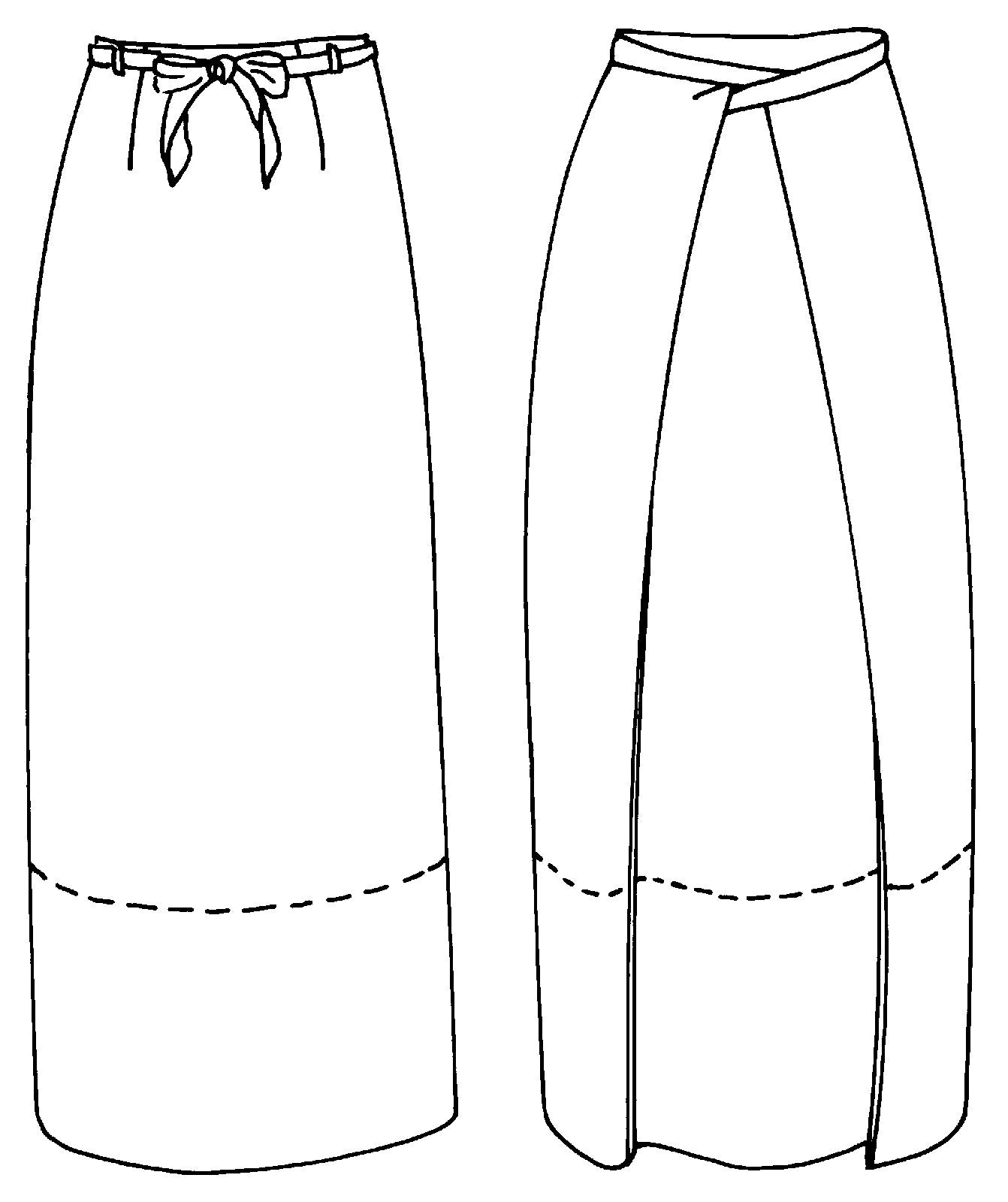 Flat line drawing of front and back views of Chupa inspired skirt.