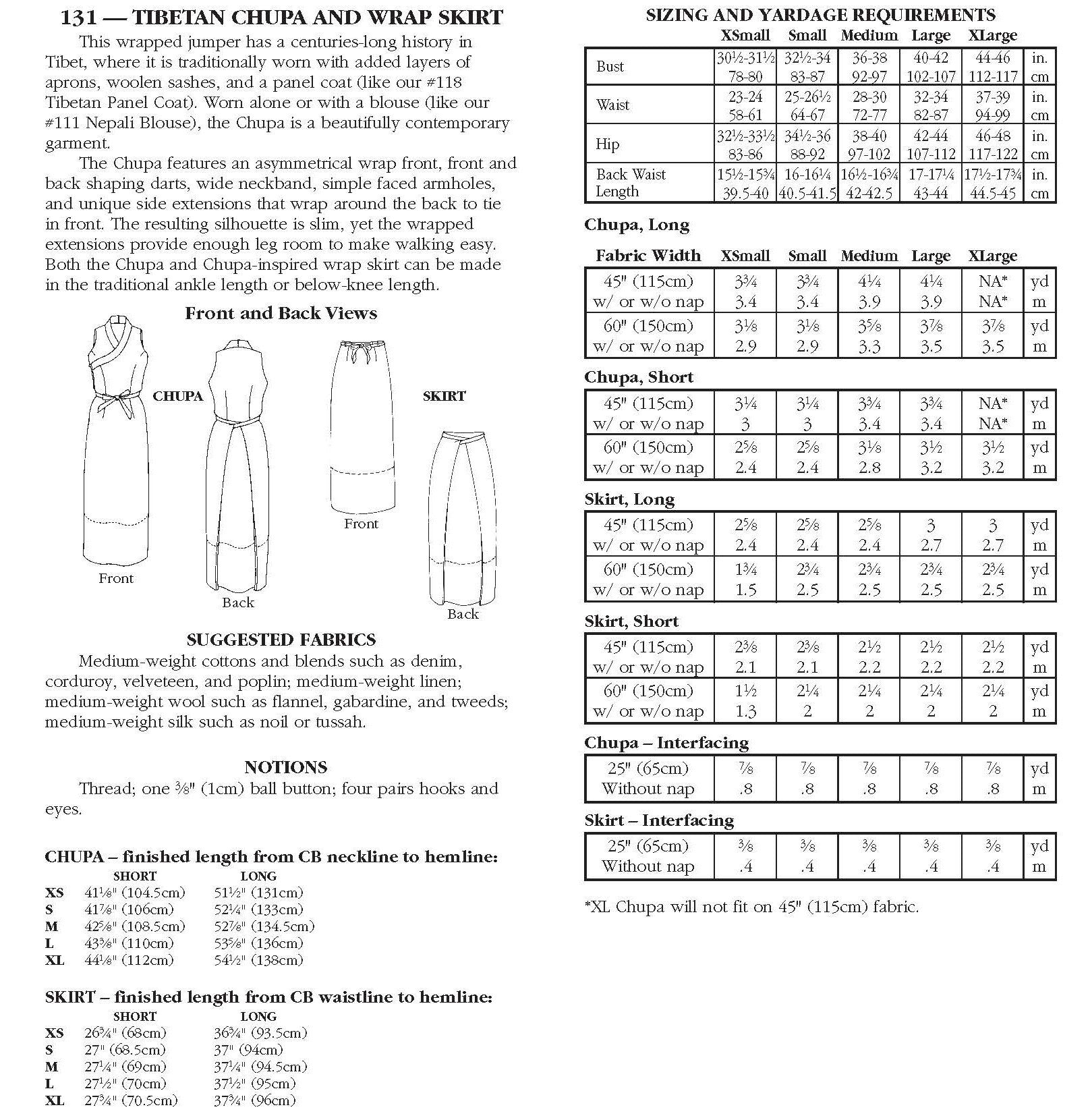 Photo of back cover shows size and yardage chart. Includes fabric suggestions and description.