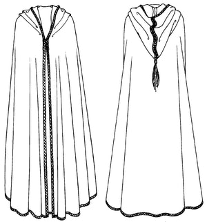 Flat line drawings of front and back views of 132 Moroccan Burnoose.