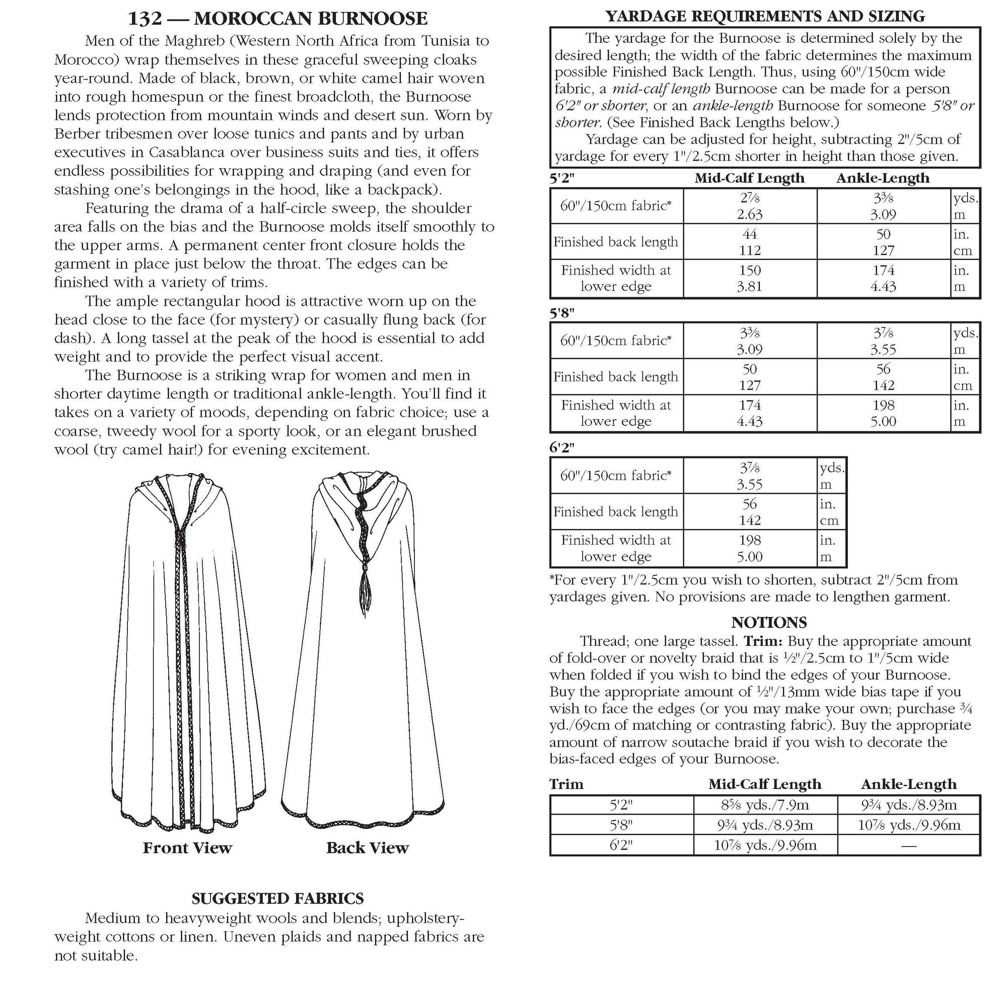 Photo of back cover shows size and yardage chart. Includes fabric suggestions and description.