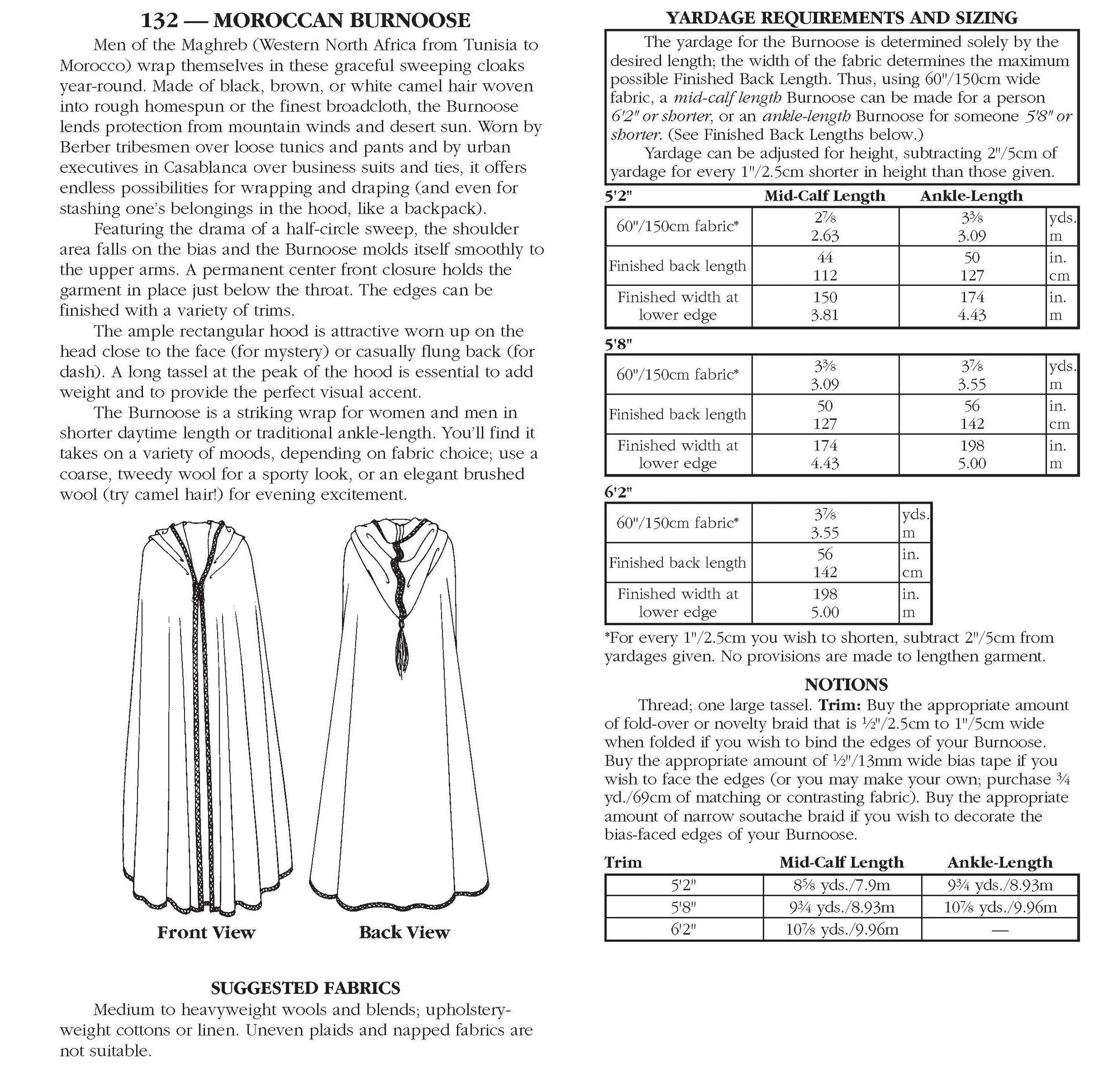 Photo of back cover shows size and yardage chart. Includes fabric suggestions and description.