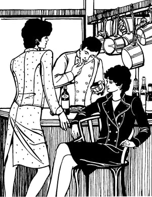 Black and white illustration of two women and a man wearing chef's jackets.  Illustration by Gretchen Schields.