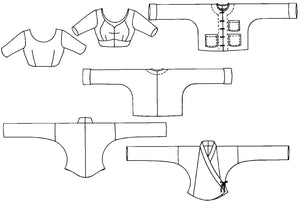 Flat line drawings showing front and back views of three tops.