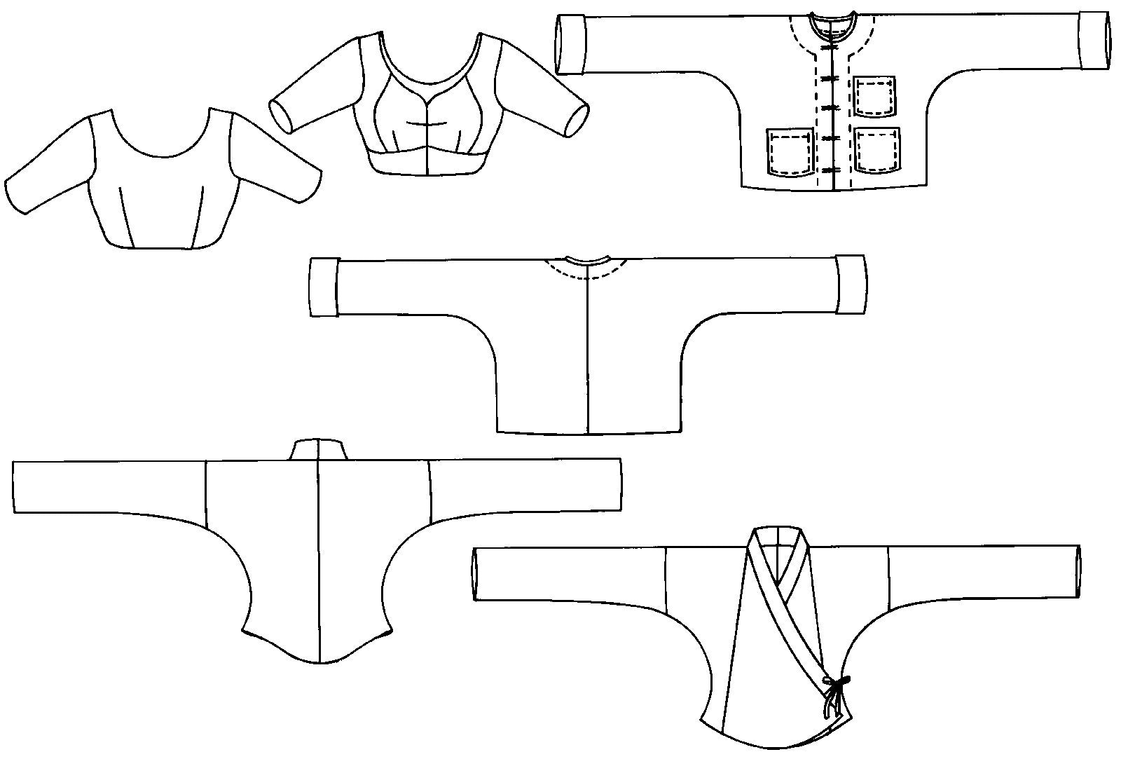 Flat line drawings showing front and back views of three tops.