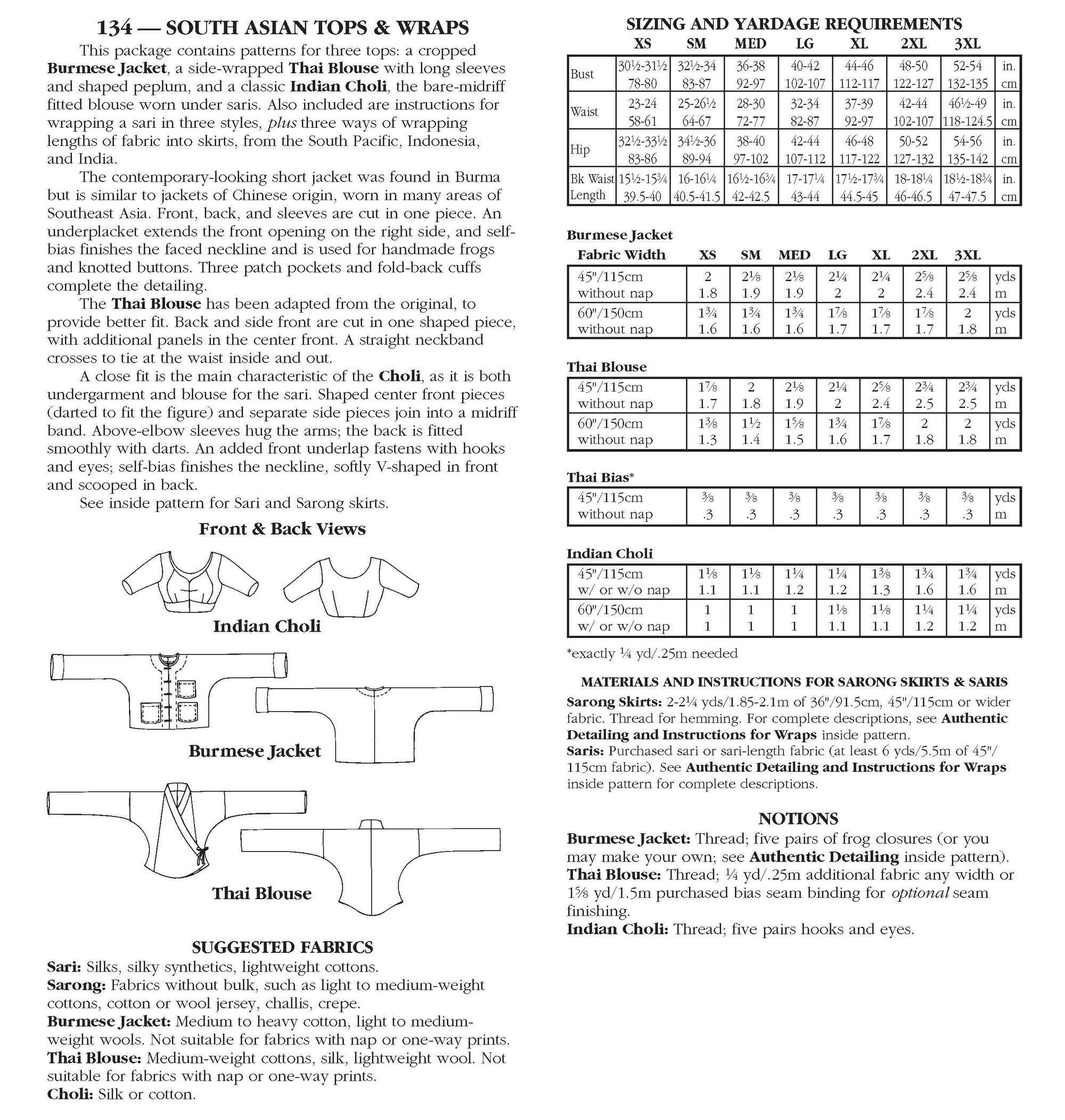 Photo of back cover shows size and yardage chart. Includes fabric suggestions and description.