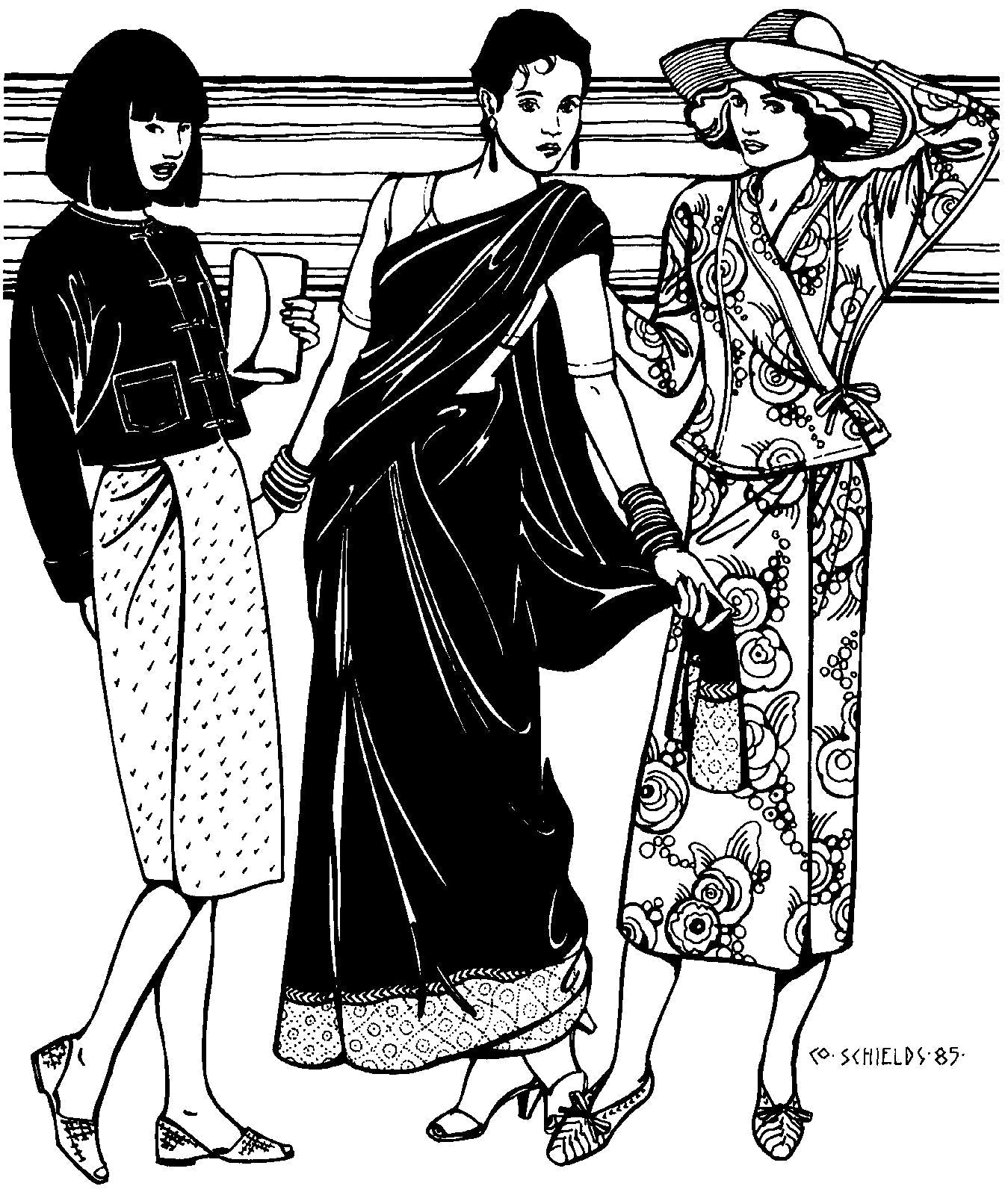 Pen and ink line drawing by artist Gretchen Shields.  Three women wearing the three tops in pattern.  woman on left wears Burmese Jacket, woman in center wears Indian Choli, and woman on right wears the Thai Blouse.