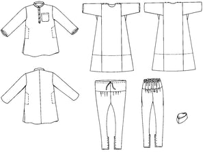 Flat line drawings showing front and back of all parts of the pattern