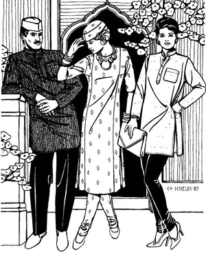 Black and white pen and ink drawing by artist Gretchen Shields.  Man on left wears Kurta, Gandhi hat, and slacks.  Woman in center wears calf length Kamiz and Churidar with Hat.  Woman on right wears Kurta and Churidar. 