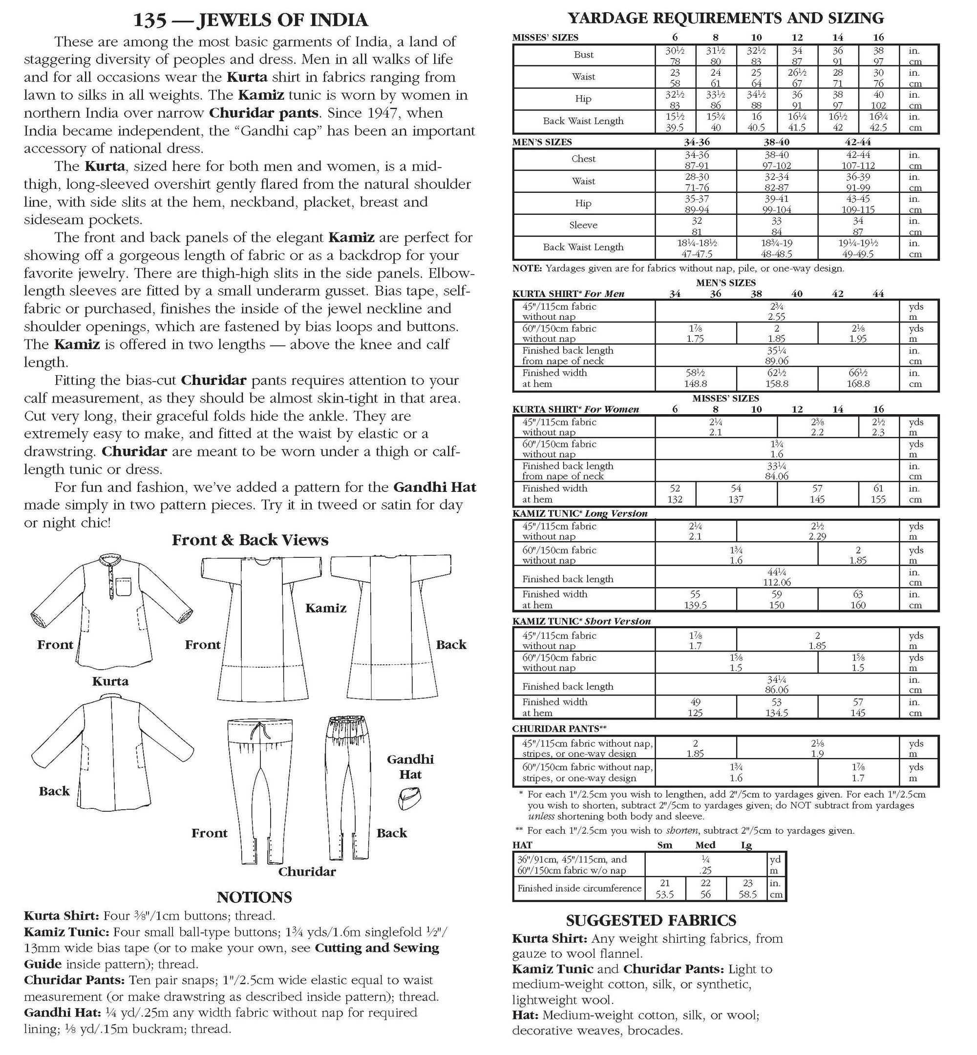 Photo of back cover shows size and yardage chart. Includes fabric suggestions and description.
