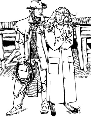 Pen and ink illustration of a man and a woman standing outside on a farm wearing the Drover's coats.  Illustration by Gretchen Schields.