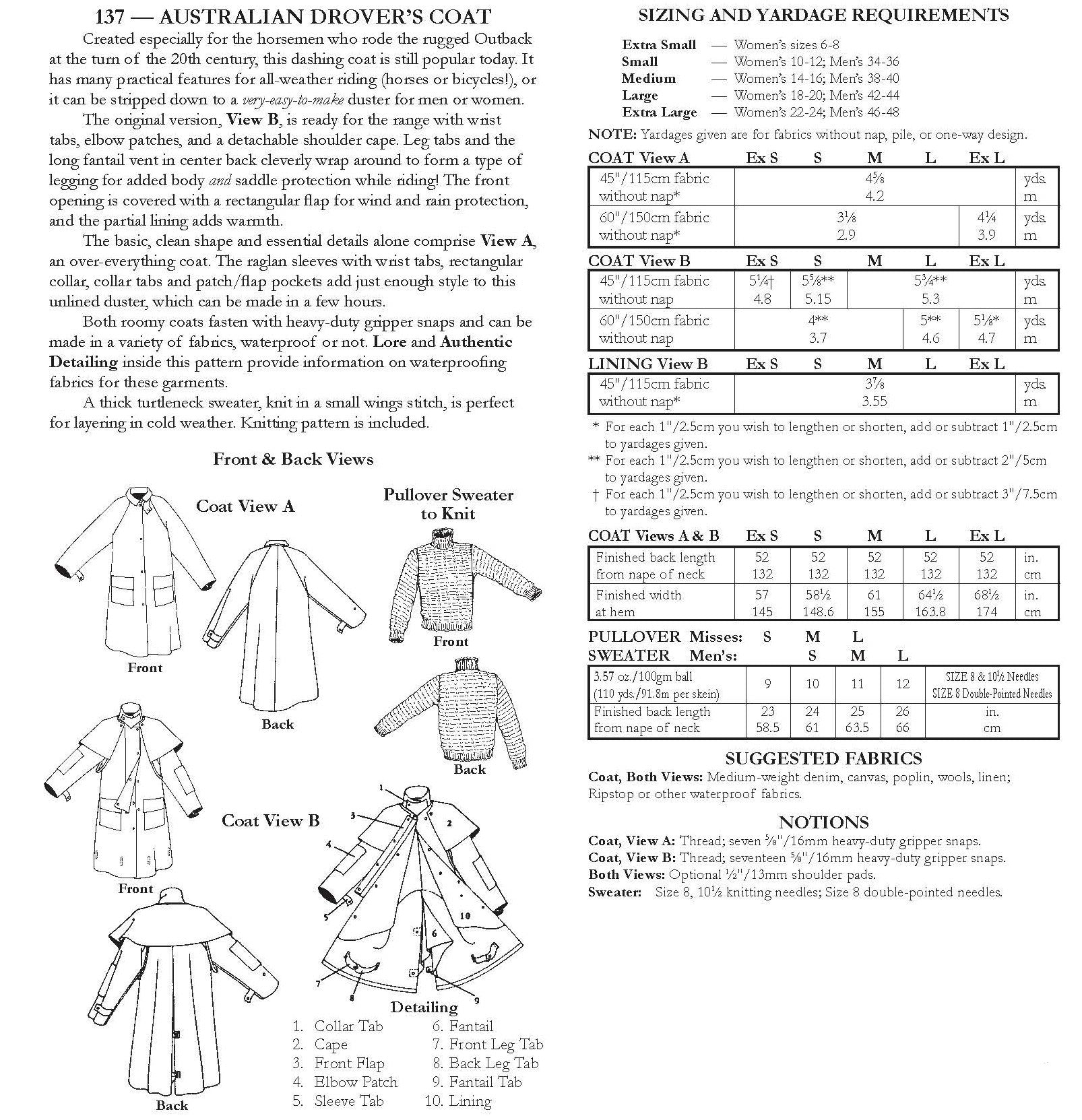 Photo of back cover shows size and yardage chart. Includes fabric suggestions and description.