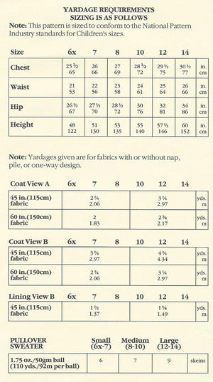 Picture of sizing chart of children's coat.