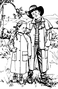 pen and ink illustration of a boy and girl standing in a field wearing drovers coats.  Illustration by Gretchen Schields.