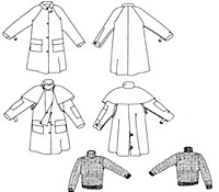 Line drawings of the Australian Drover's Coat, front and back and knitted sweater