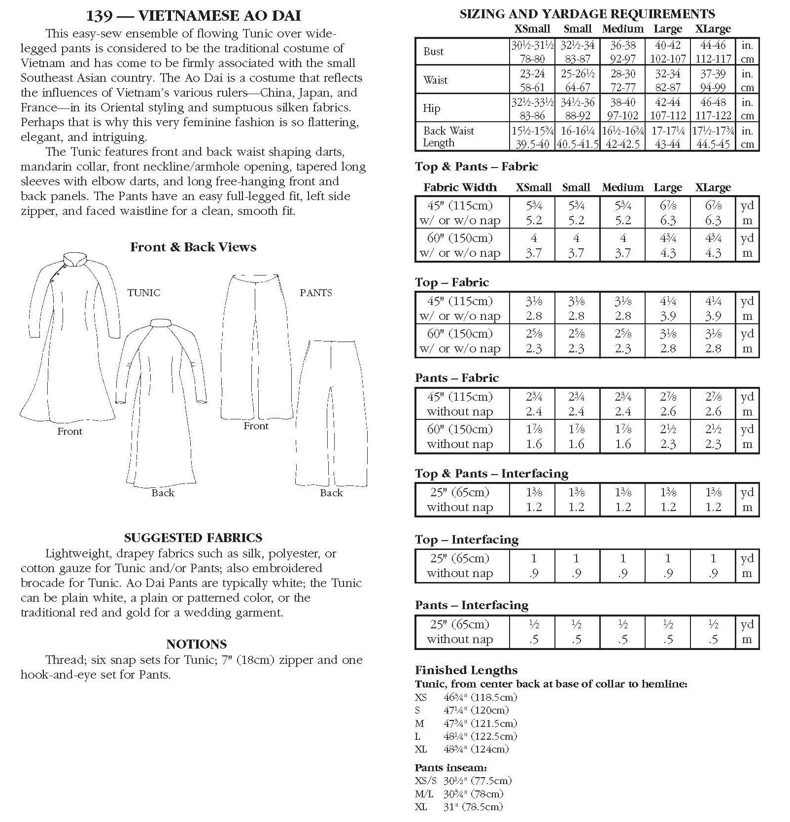 Photo of back cover of pattern.  Cover shows description of Ao Dai, Size and yardage chart, fabric suggestions and notions.