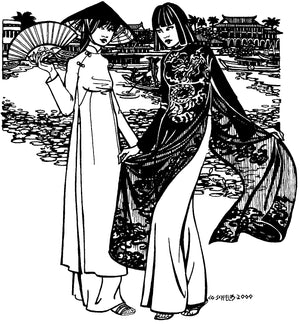 Pen and ink  drawing by artist Gretchen Schields.  Two women standing side by side with water and buildings in the background.  Woman on the left holds a fan in her right hand and wears a hat.  Woman on the right is holding Ao Dai tunic in her hands showing the side openings and pants under tunic.