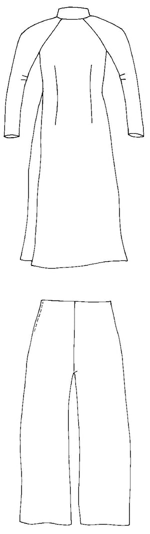 Flat line drawing of back view of tunic and pants.