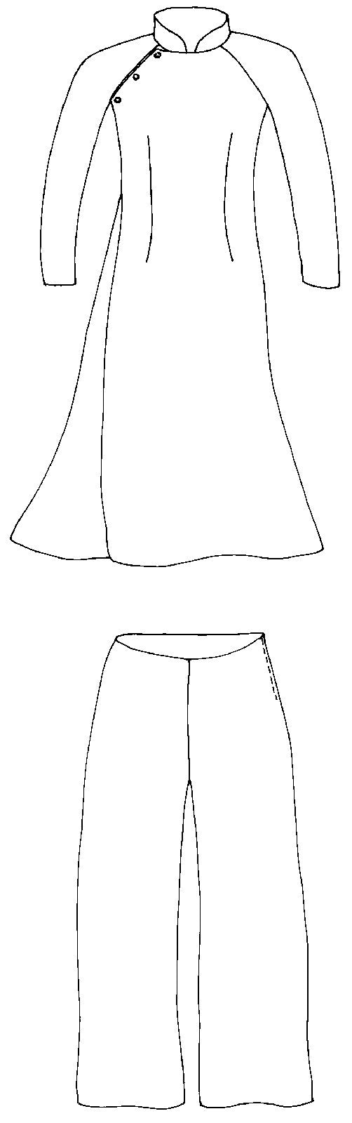Flat line drawing of front view of tunic and pants.