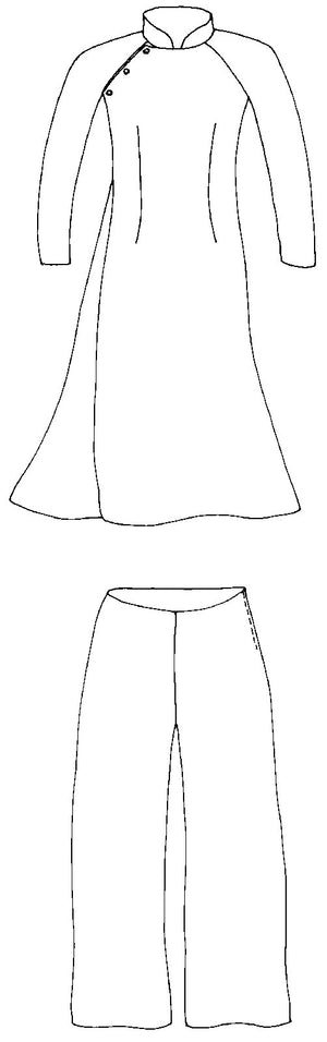Flat line drawing of front view of tunic and pants.