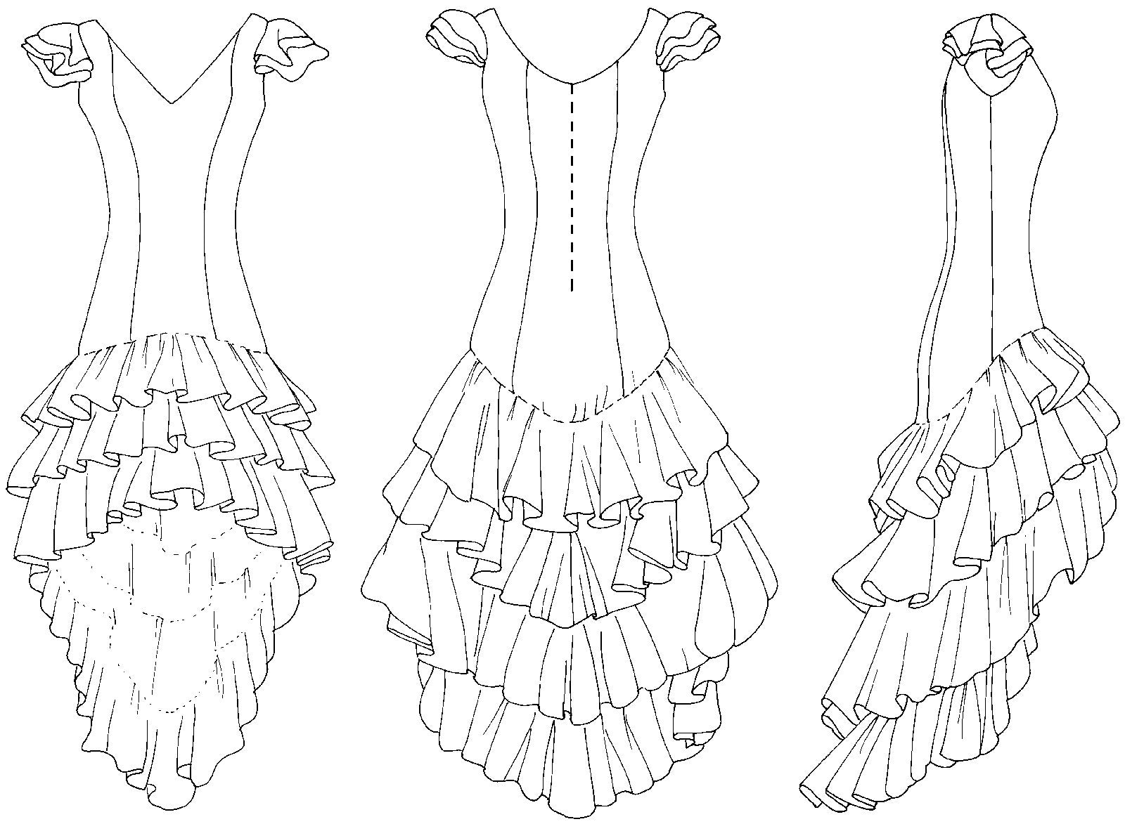 Flat line drawings of the Flamenco dress.  Front back and side views.