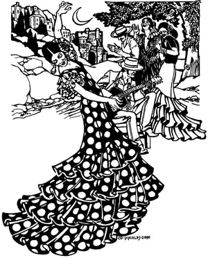 Black and white pen and ink drawing by artist Gretchen Schields.  Woman dancing in Flamenco dress with musicians and several other dancers in the background.  There is a moon light sky and buildings further in the distance.