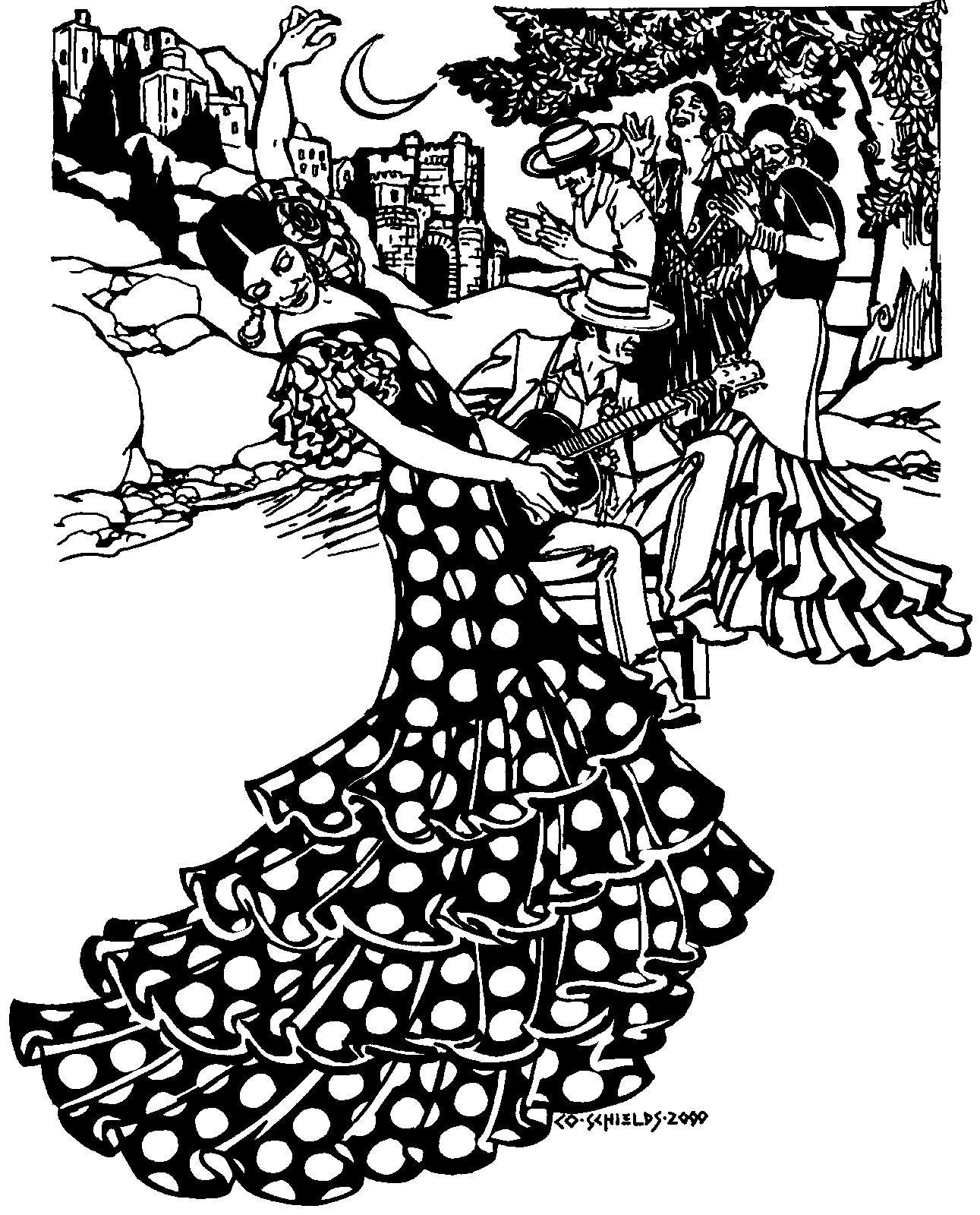 Black and white pen and ink drawing by artist Gretchen Schields.  Woman dancing in Flamenco dress with musicians and several other dancers in the background.  There is a moon light sky and buildings further in the distance.