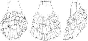 Flat line drawings of the Flamenco skirt.  Front back and side views.