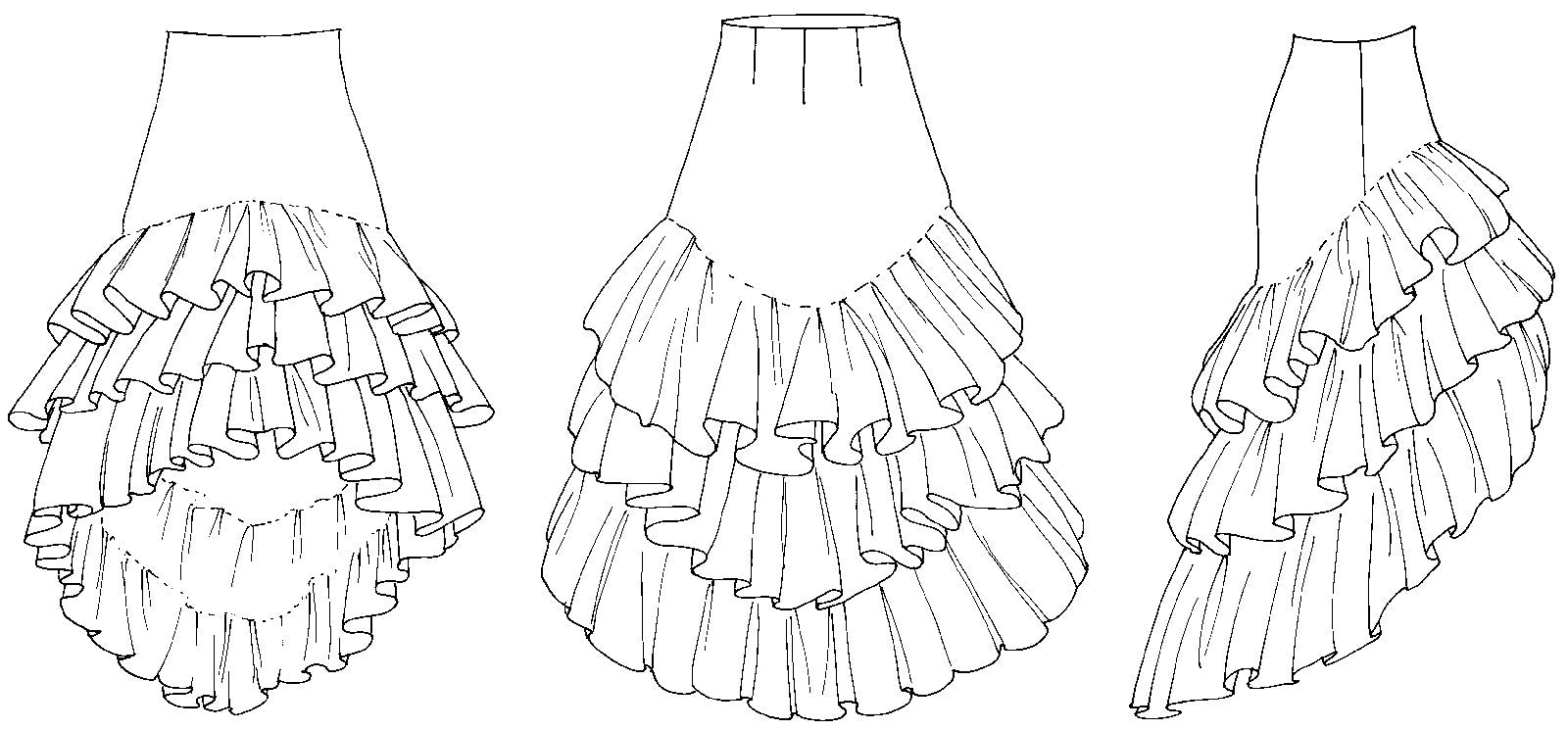 Flat line drawings of the Flamenco skirt.  Front back and side views.