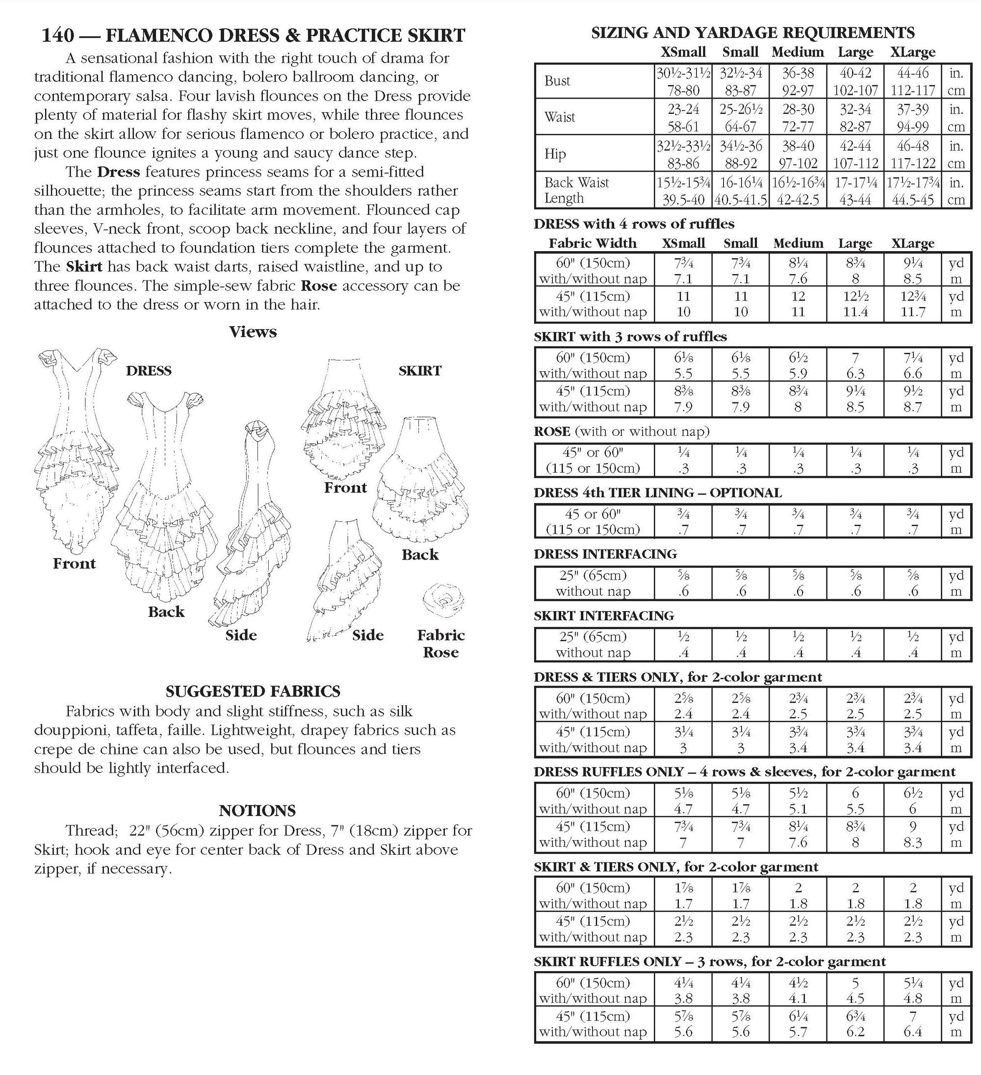 Photo of back of pattern cover.  Cover shows description of pattern, views, fabric suggestions, and size and yardage charts.