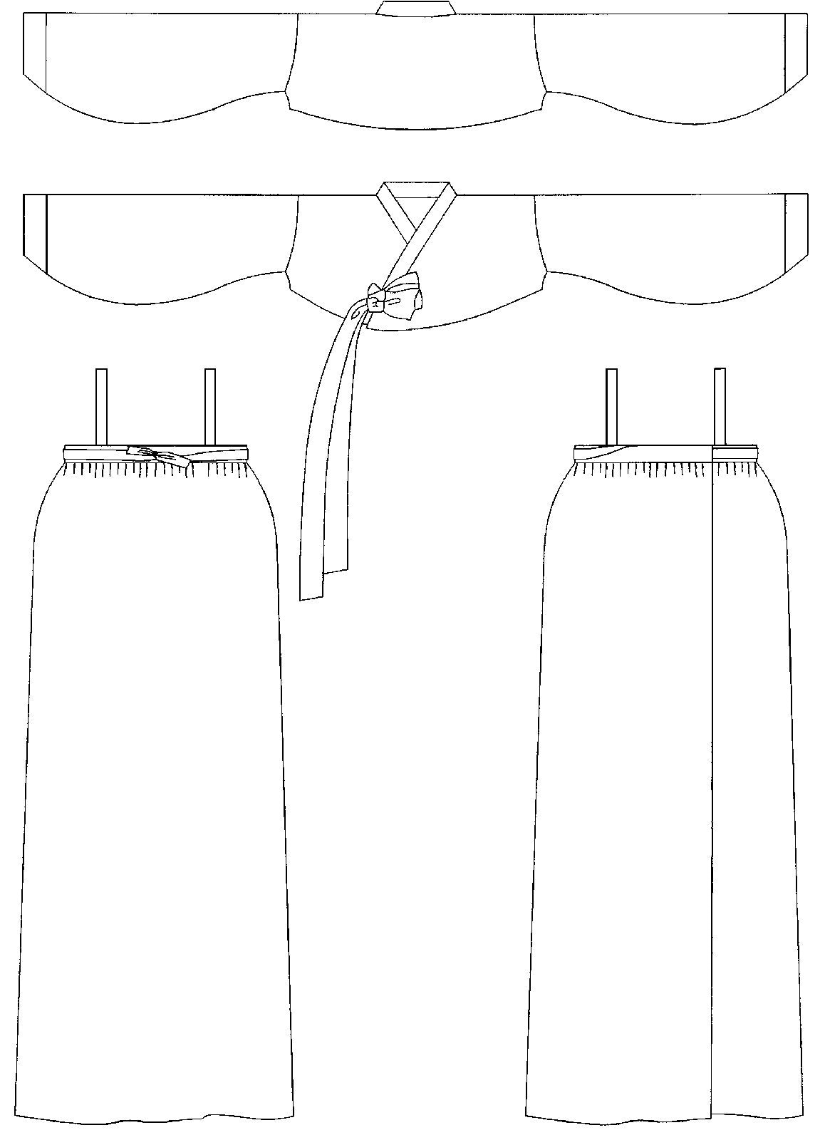 Flat line drawings of front and back views of han bok dress and jacket.