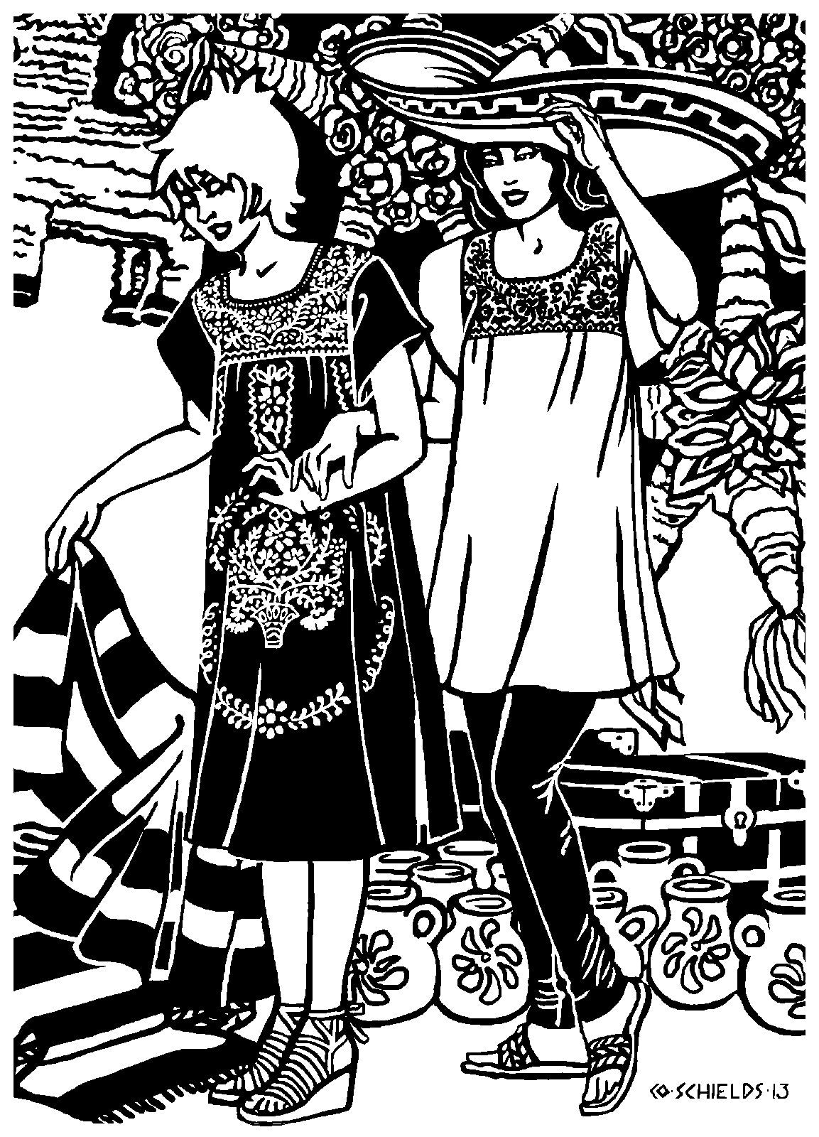 Black and white pen and ink drawing by artist Gretchen Shields.  Two women standing side by side woman on left wears Old Mexico Dress and woman on the right wears the Blouse length top.  Ceramics and pinatas ate in the background scene of a market place.