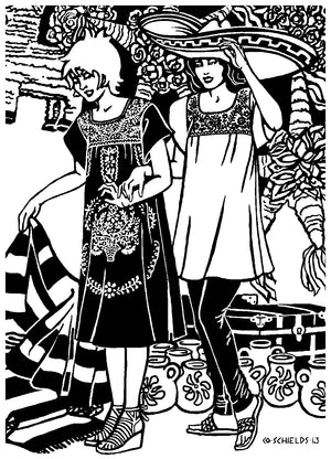Black and white pen and ink drawing by artist Gretchen Shields.  Two women standing side by side woman on left wears Old Mexico Dress and woman on the right wears the Blouse length top.  Ceramics and pinatas ate in the background scene of a market place.